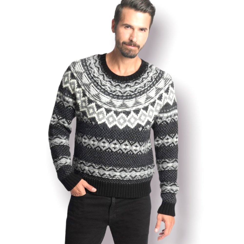 Frye Chunky Knit Alpaca Wool Blend Fair Isle Sweater Black White Size Small NWT